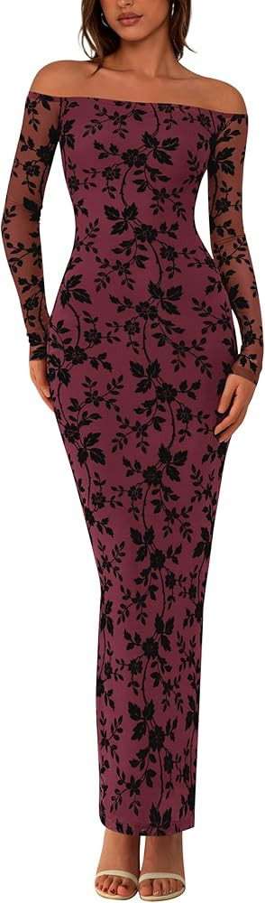 PRETTYGARDEN Womens Off The Shoulder Floral Maxi Bodycon Dress Fall Long Sleeve Mesh Fitted Long ... | Amazon (US)
