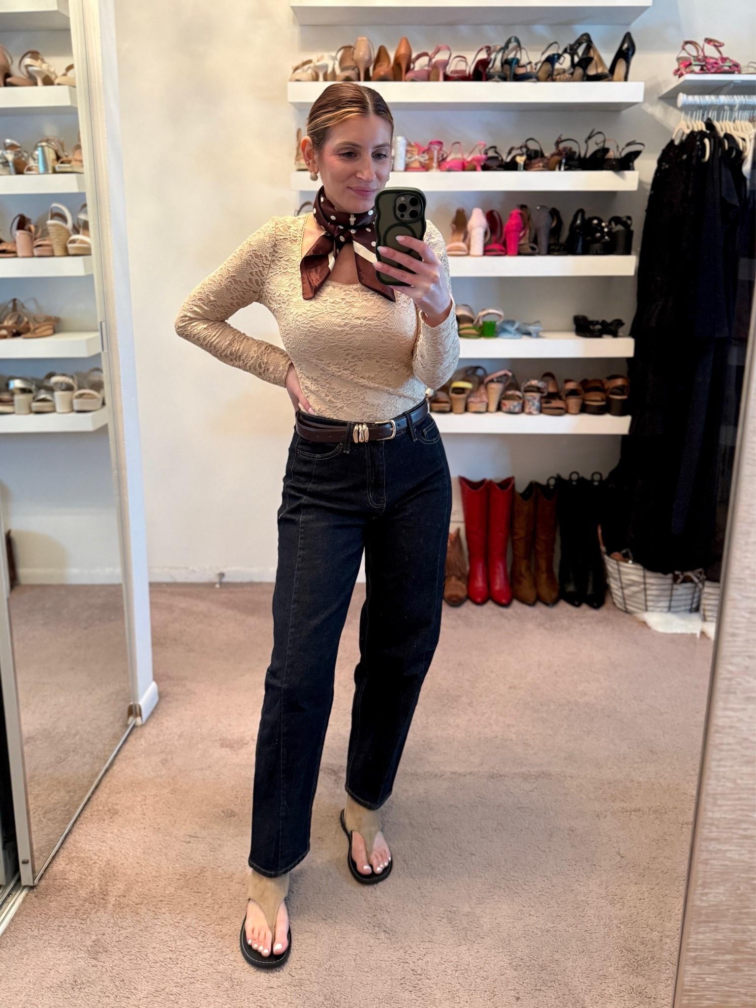 What I wore to work today

Amazon lace long sleeve top (size medium) 
Walmartl barrel leg jeans (size down one, wearing a size 2)
Amazon brown polka dot scarf 

workwear outfit, casual outfit, grey sweater, trendy shoes, spring shoes, summer shoes, casual office look, office look, easy outfit, Spring outfits 2026, how to style a silk scarf

#LTKootd #LTKSaleAlert #LTKWorkwear