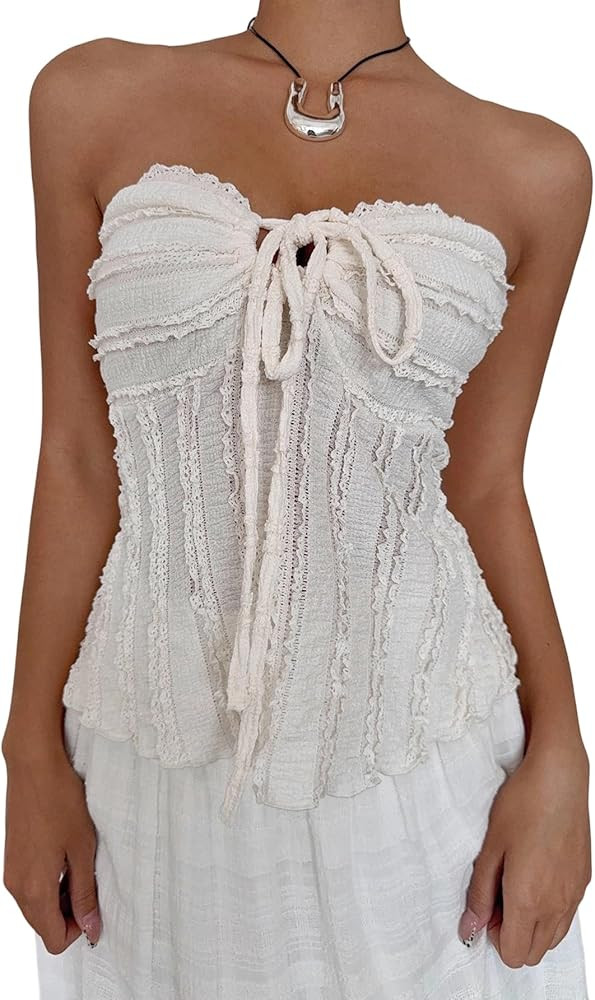 SOLY HUX Women's Tie Front Frill Trim Tube Top Strapless Asymmetrical Going Out Tops | Amazon (US)