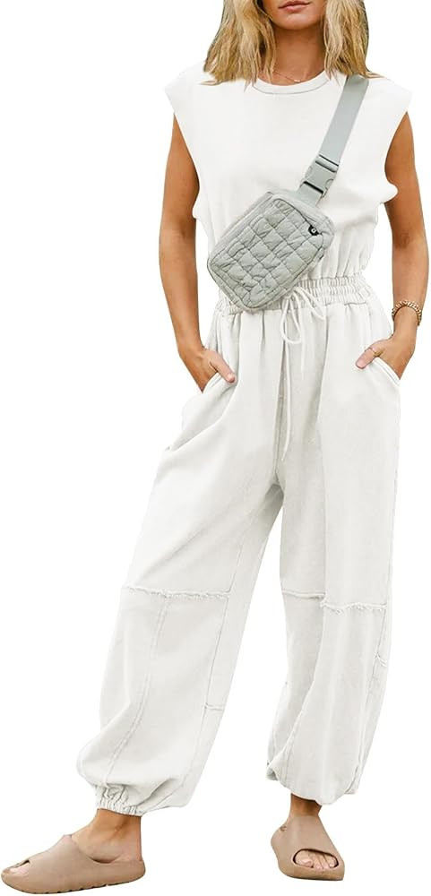 Flygo Womens Casual Jumpsuit Crewneck Cap Sleeve Long Wide Leg Pants One Piece Outfits Drawstring... | Amazon (US)