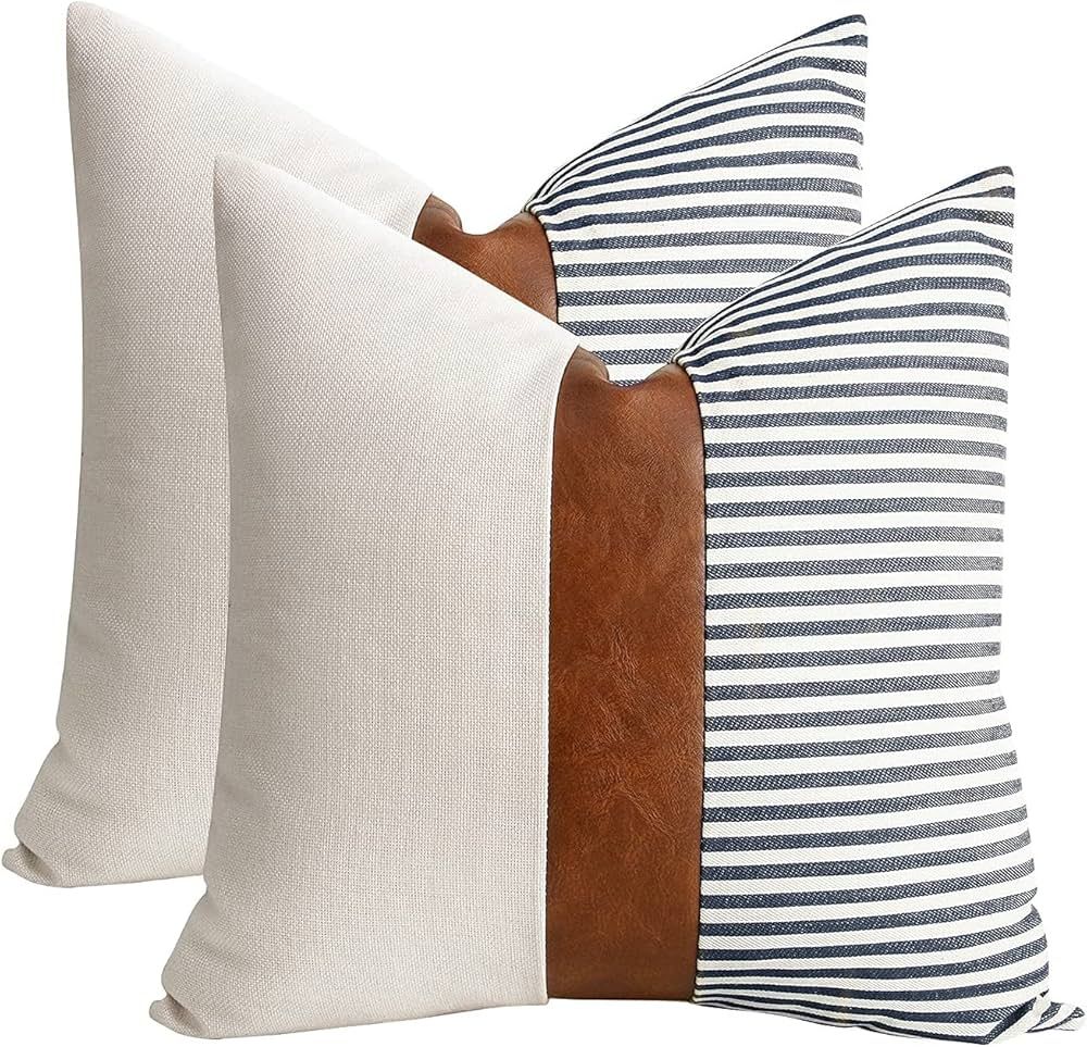 Shorping Farmhouse White and Navy Blue Stripe Patchwork Linen Throw Pillow Covers 20X20 Pillow Co... | Amazon (US)