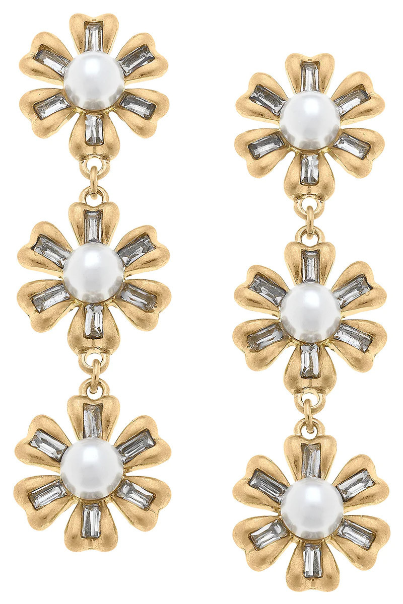 Avery Pearl & Rhinestones Linked Flowers Earrings in Worn Gold | CANVAS