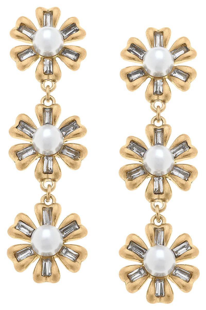 Avery Pearl & Rhinestones Linked Flowers Earrings in Worn Gold | CANVAS