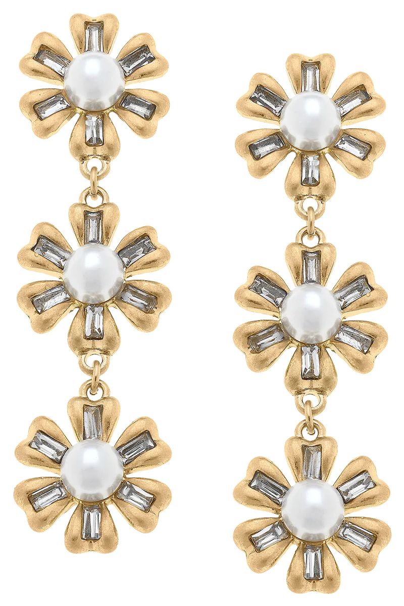Avery Pearl & Rhinestones Linked Flowers Earrings in Worn Gold | CANVAS
