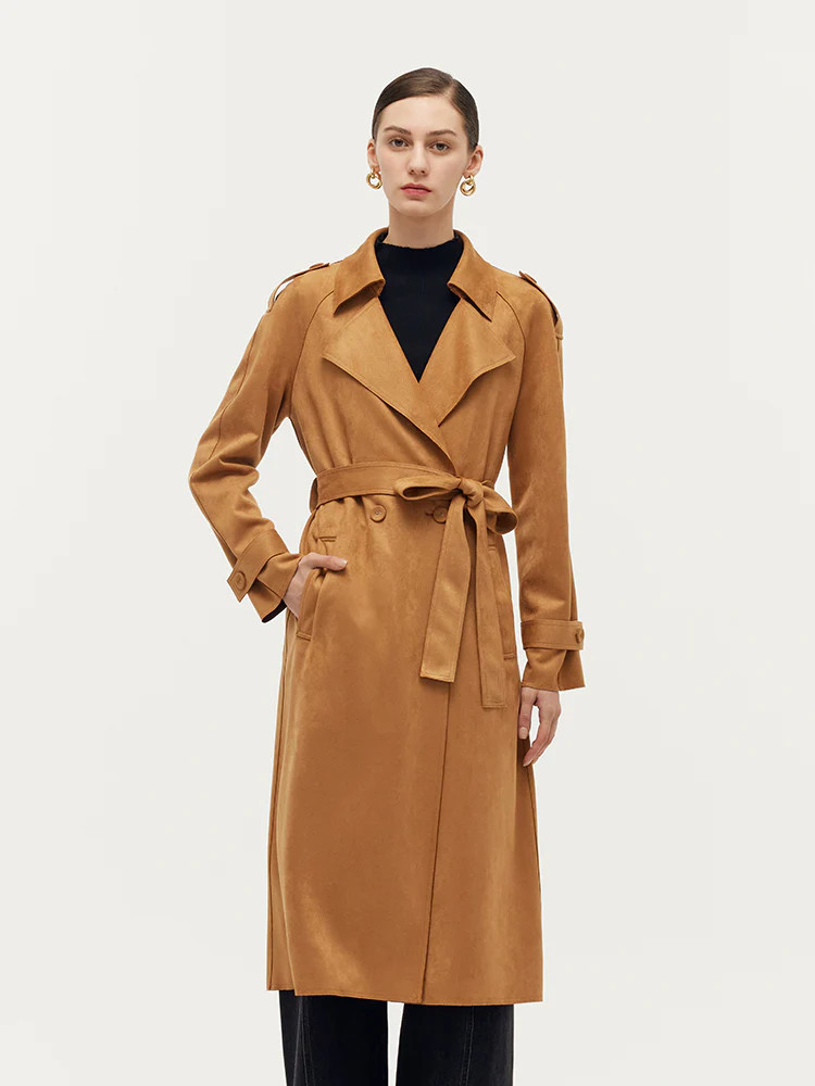 Faux Suede Women Trench Coat With Belt - Camel / M | GOELIA