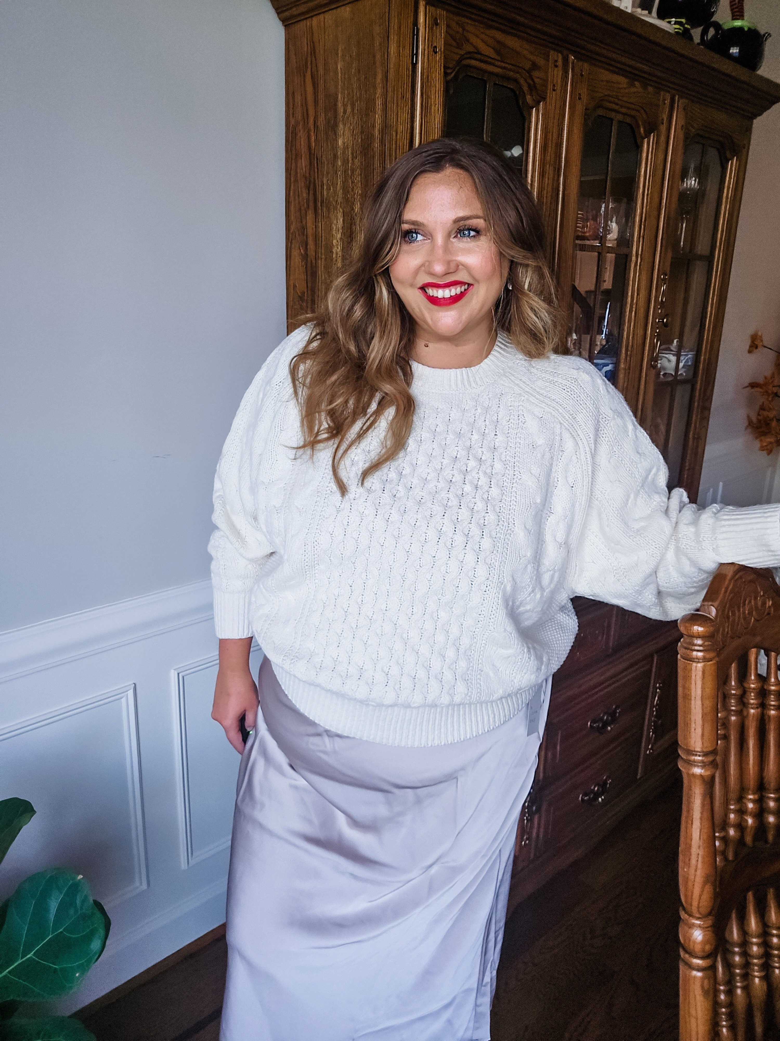 Me pretending to like beige for all yall haha I tried the "old money" look of the satin skirt and the cable crew sweater. I didn't hate it.  #targetstyle #target #plussize #midsize #fashion 

#LTKMidsize #LTKPlusSize #LTKSaleAlert