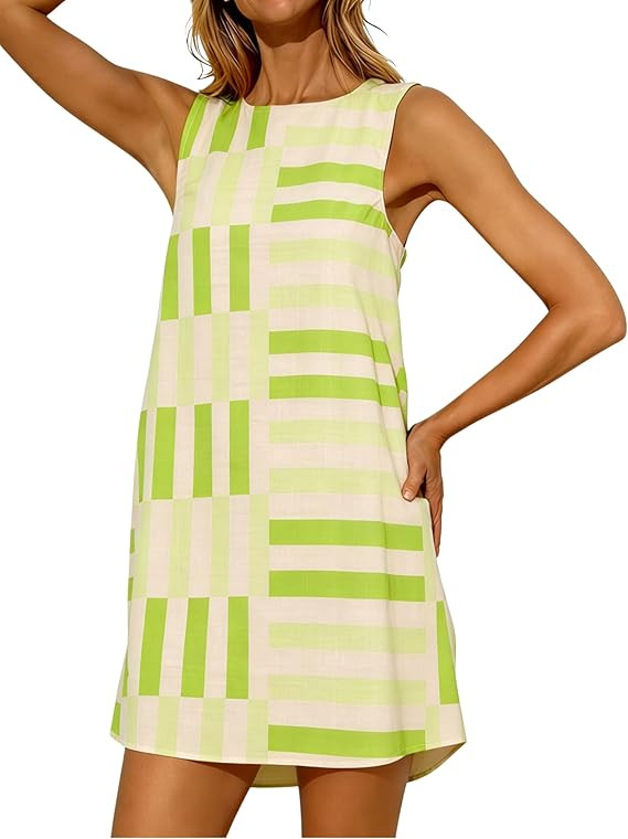 Womens Summer Boho A-Line Mini Dress Casual Color Block Sundress Sleeveless Beach Vacation Coveru... | Amazon (US)