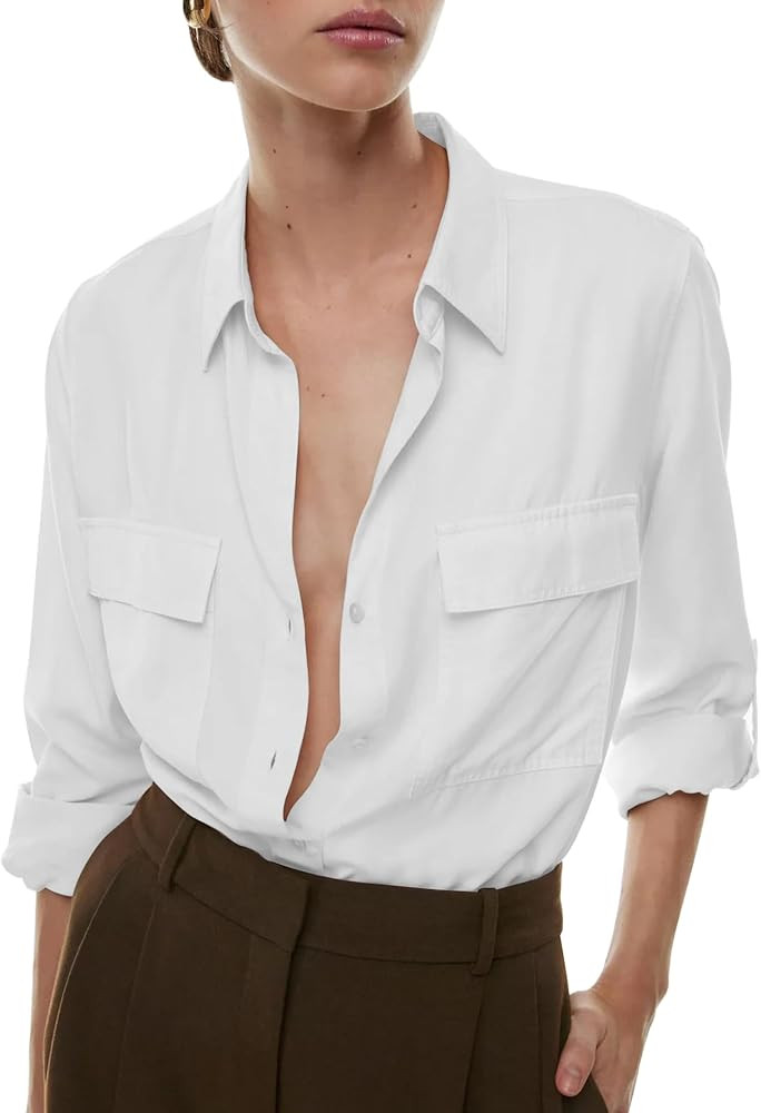 LuFeng Women's Casual Long Sleeve Button Down Shirts Work Office Collared Blouse Tops with Pocket... | Amazon (US)