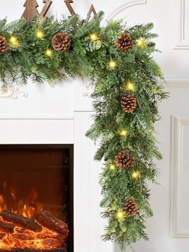 Waipfaru 6FT Christmas Garland with Lights, Realistic Cedar Garland with Pinecone Real Touch Norfolk Pine Garlands, Prelit Lighted Cypress Garlands for Mantle Table Stairs Winter Indoor Outdoor Decor | Amazon (US)