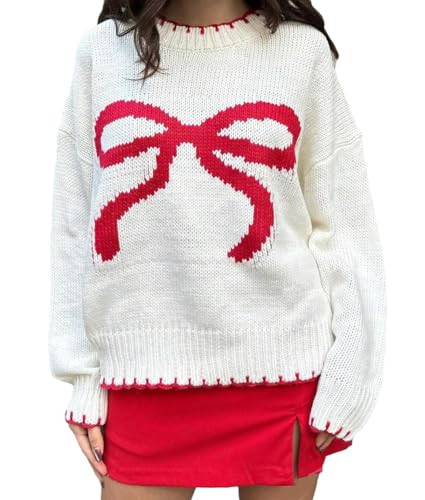 AEJENNIO Women's Y2K Bow Knit Sweater Cute Sweater Long Sleeve Crew Neck Contrast Trim Knitwear White | Amazon (US)