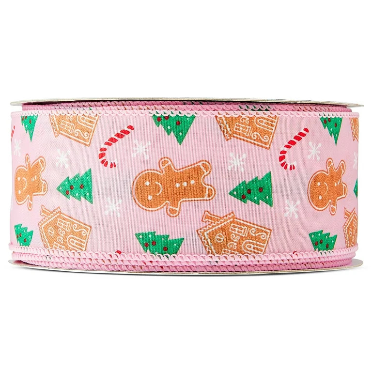 Gingerbread Christmas Ribbon, Pink and Brown, 2" x 60', by Holiday Time | Walmart (US)