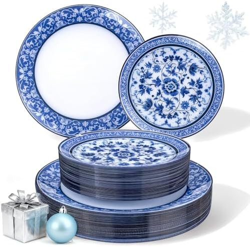 Hioasis 60pcs Blue Plastic Plates Set - Floral Blue & White Porcelain Design, 10.25" Dinner & 7.5... | Amazon (US)