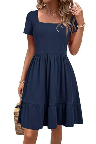 Newshows Women's 2026 Summer Dress Square Neck A Line Flowy Beach Vacation Sundress Semi-Formal Work Business Teacher Outfits with Pockets(Navy,M) | Amazon (US)