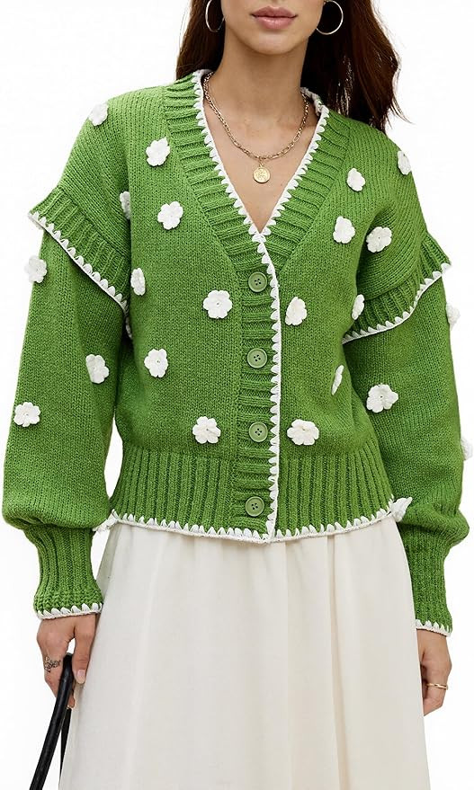 Womens Floral Cardigan Sweater Chunky Knit Drop Shoulder V Neck Button Down Embroidered Flower Ca... | Amazon (US)
