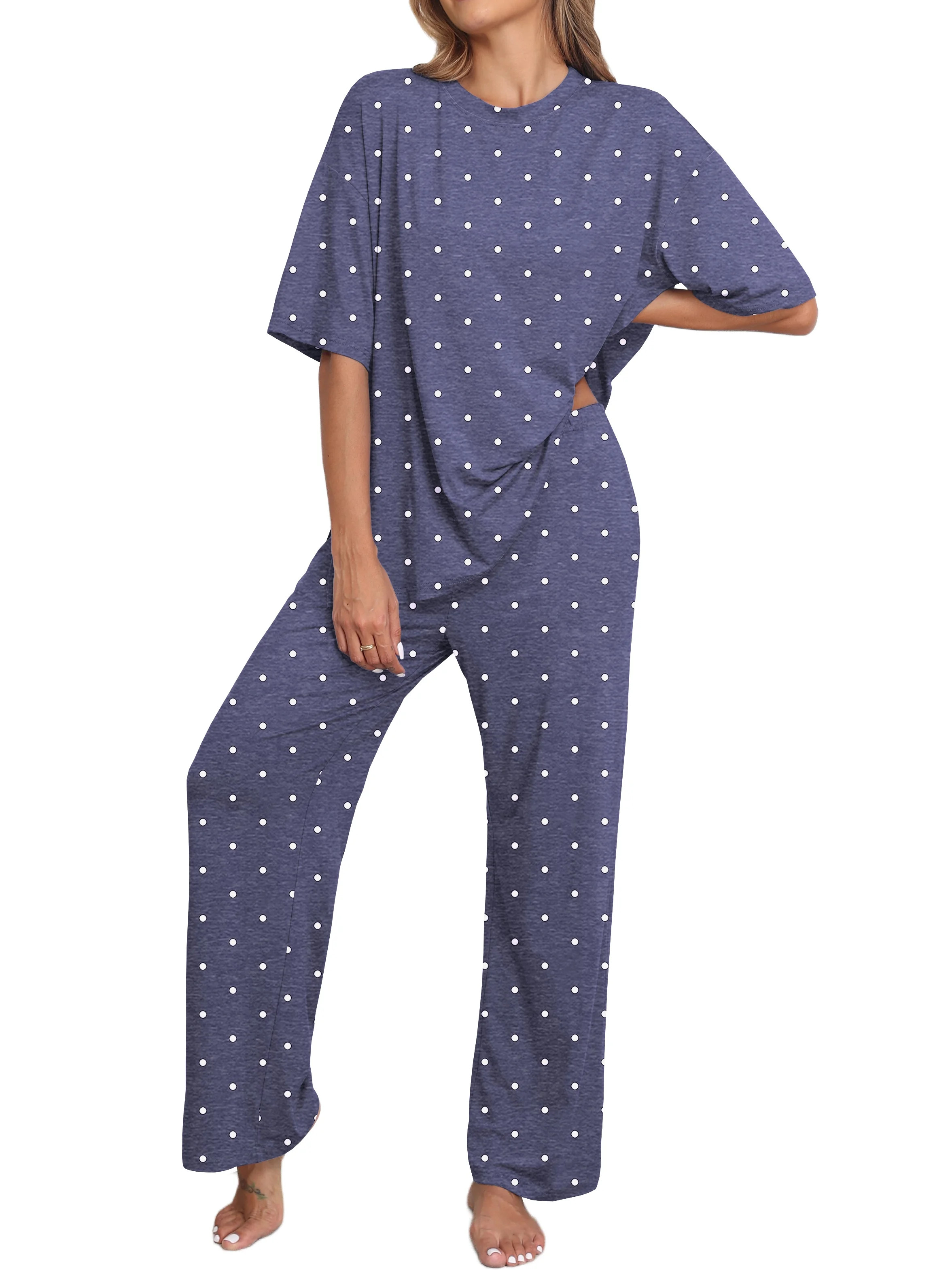 MINTREUS Lounge Sets for Women Knit Short Sleeve Tops and Long Pants Soft Comfy Pajamas Set Overs... | Walmart (US)