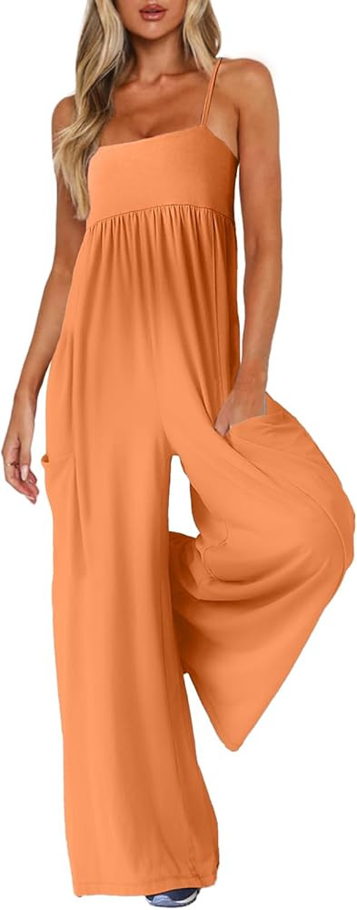 Jumpsuits for Women Spaghetti Strap Wide Leg One Piece Overalls Summer Rompers with Pockets Beach... | Amazon (US)