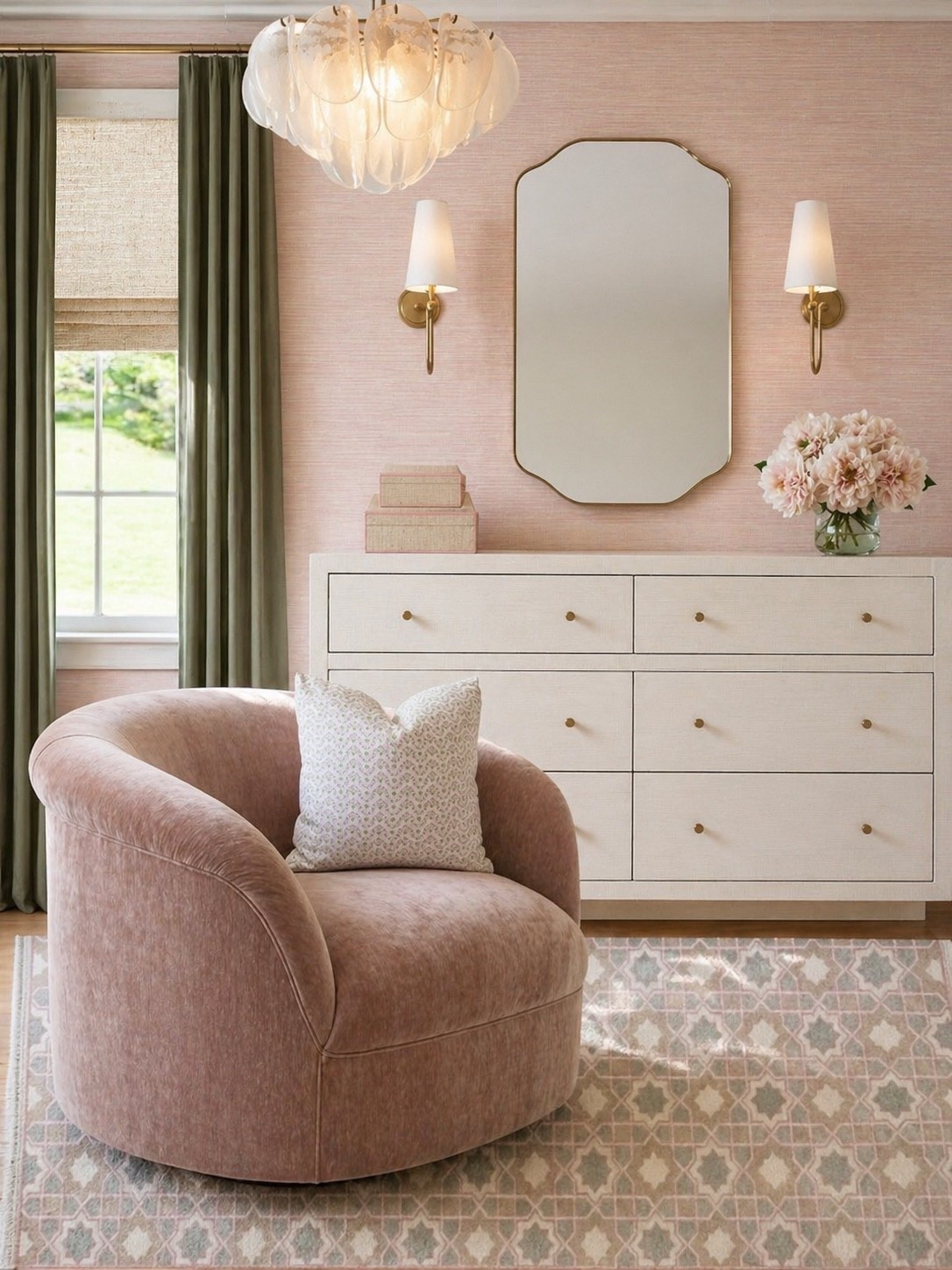 Pink and green so serene 

#Bedroom #dresser #chair #wallpaper 

#LTKHome #LTKSaleAlert
