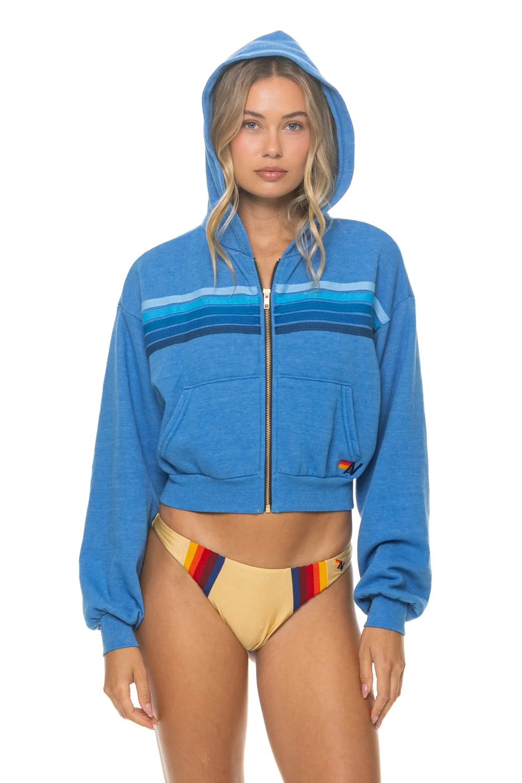 5 Stripe Cropped Zip Hoodie Ocean | Aviator Nation | Aviator Nation