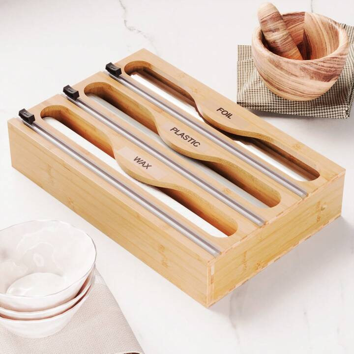 1pc 33.2*14*7cm Bamboo Plastic Wrap Dispenser,   Wrap Organizer With Cutter And Labels, Aluminum ... | SHEIN
