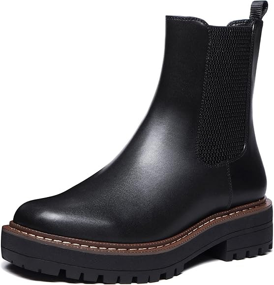 Amazon.com | Athlefit Women's Chelsea Ankle Boots Platform Slip On Chunky Heel Lug Sole Leather B... | Amazon (US)