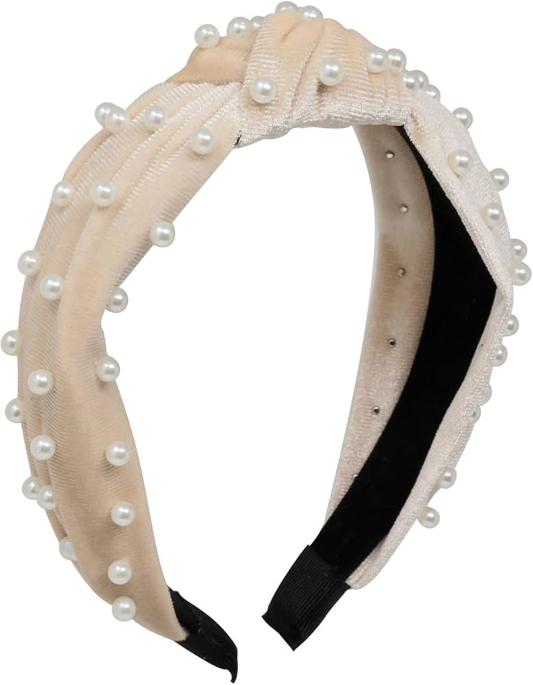 yueton Women Faux Pearl Headbands Twisted Cross Knot Velvet Headbands Elegant Bling Hair Band Hai... | Amazon (US)