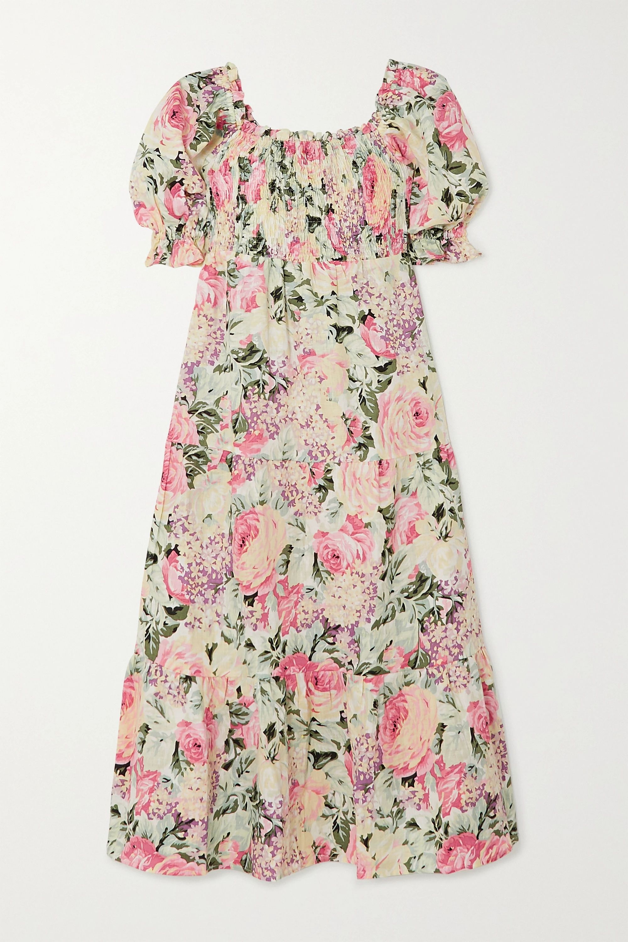 De Christin shirred floral-print linen midi dress | NET-A-PORTER (US)