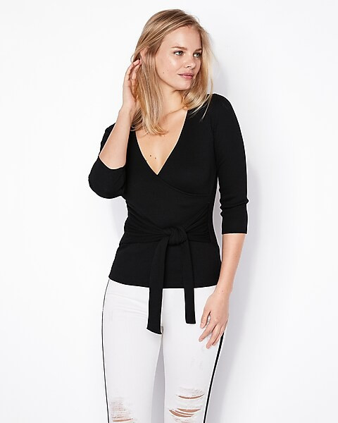 Express One Eleven Modern Rib Wrap Front Tee | Express