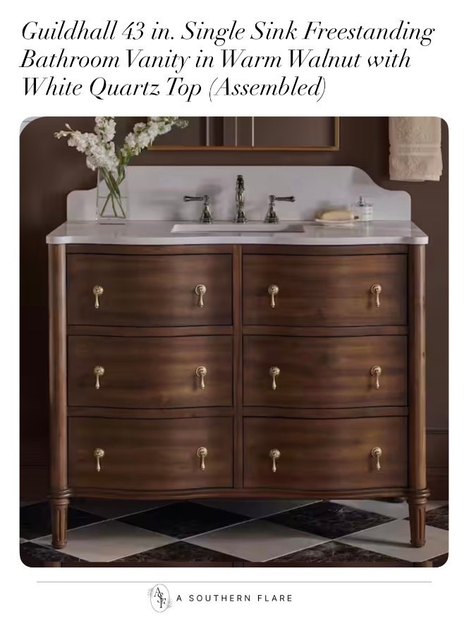 Guildhall 43 in. Single Sink Freestanding Bathroom Vanity in Warm Walnut with White Quartz Top (Assembled)  
home decor, affordable home finds, new home, home styling, interior design, home essentials, designer look for less, home inspiration, neutral decor, elevated living, modern home, decorating ideas, curated home, beautiful home, Amazon home finds, finishing touches, home favorites, high/Low

#LTKHome