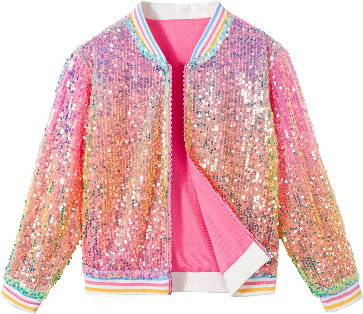 LOLANTA Girls Sequin Jacket, Long Sleeve Kids Bomber Coats with Pockets, Spring Fall Outfits for ... | Amazon (US)