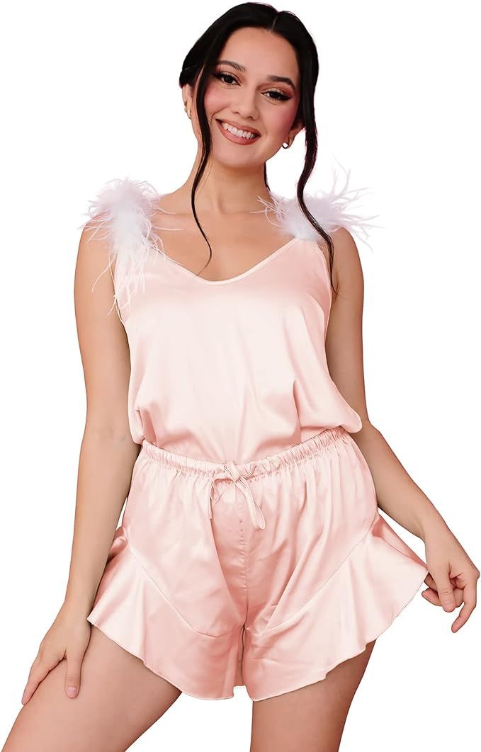 Belle's Design Women's Feather Trim Sexy Satin Silk Cami Shorts set 2 Piece Pajama Bridal Lingeri... | Amazon (US)