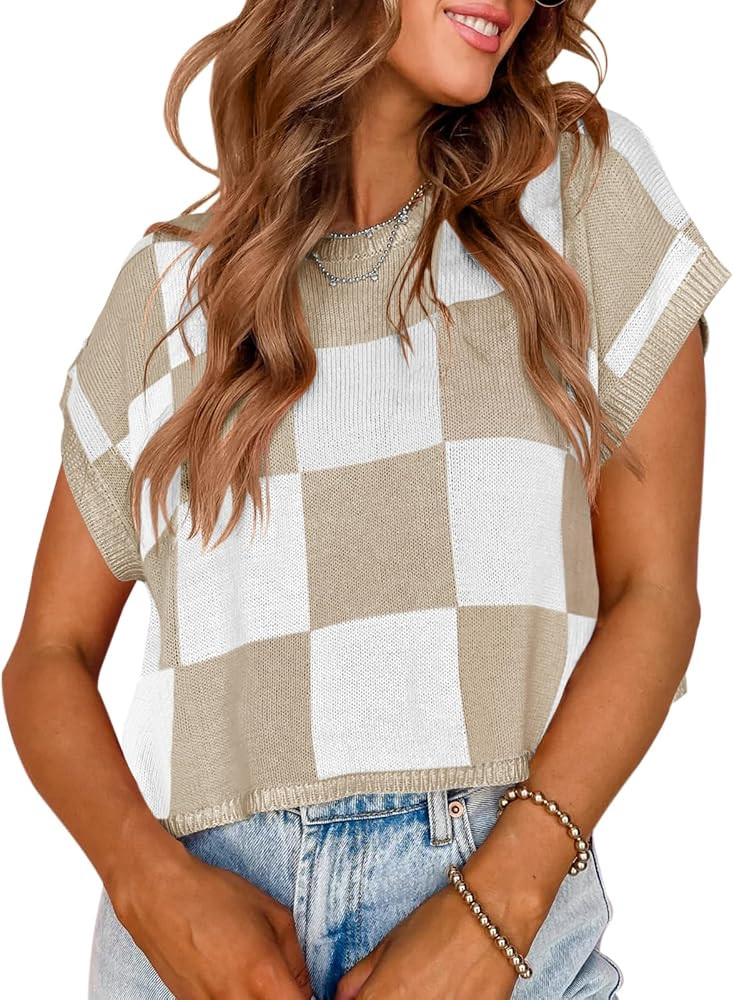 Saodimallsu Womens Cap Sleeve Crop Tops Summer Color Block Knit Sweater | Amazon (US)