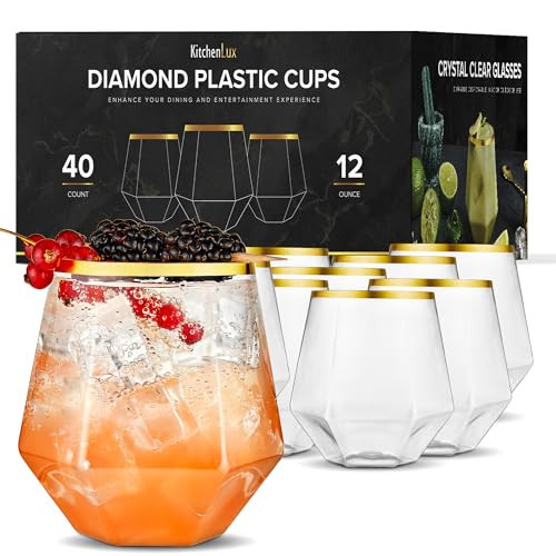40 Pack Diamond Wine Glasses 12 oz - Elegant & Unbreakable Plastic Cocktail Glasses for Indoor and Outdoor Fancy Occasions - Premium Plastic Stemless Disposable Wine Glasses with Diamond Shape | Amazon (US)