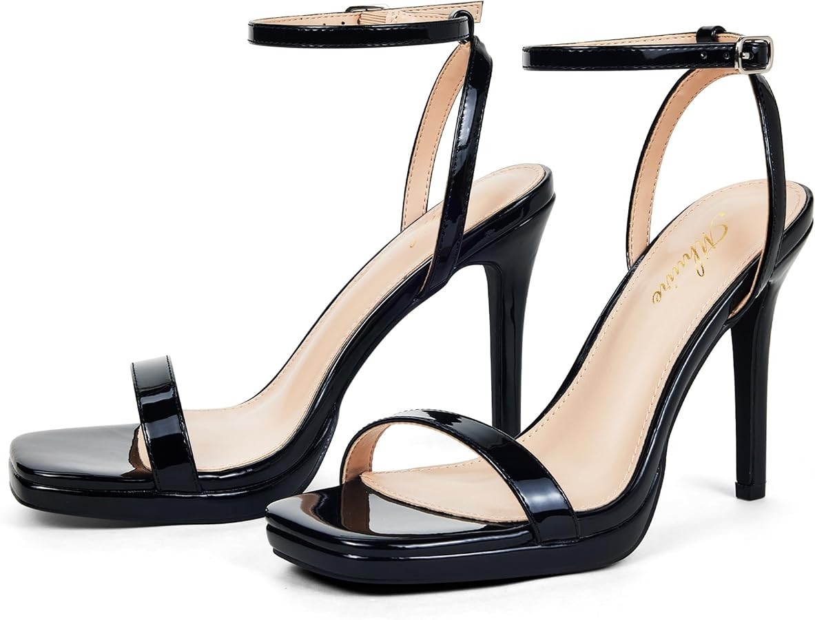 Women’s Stiletto Strappy Heeled Sandals, 4.3 Inch Square Open Toe Sexy High Heels Ankle Strap B... | Amazon (US)