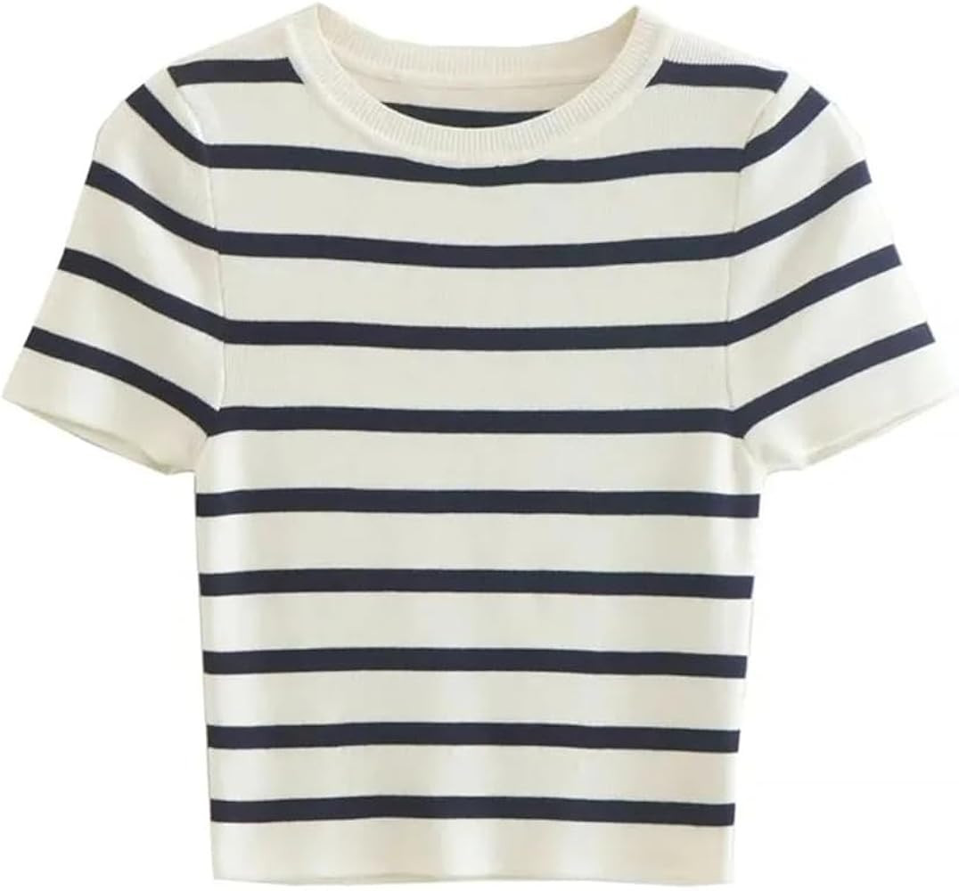 Women's Striped Short Sleeve Sweater Tops Spring Summer Knit Cropped O-neck Casual T Shirts | Amazon (US)