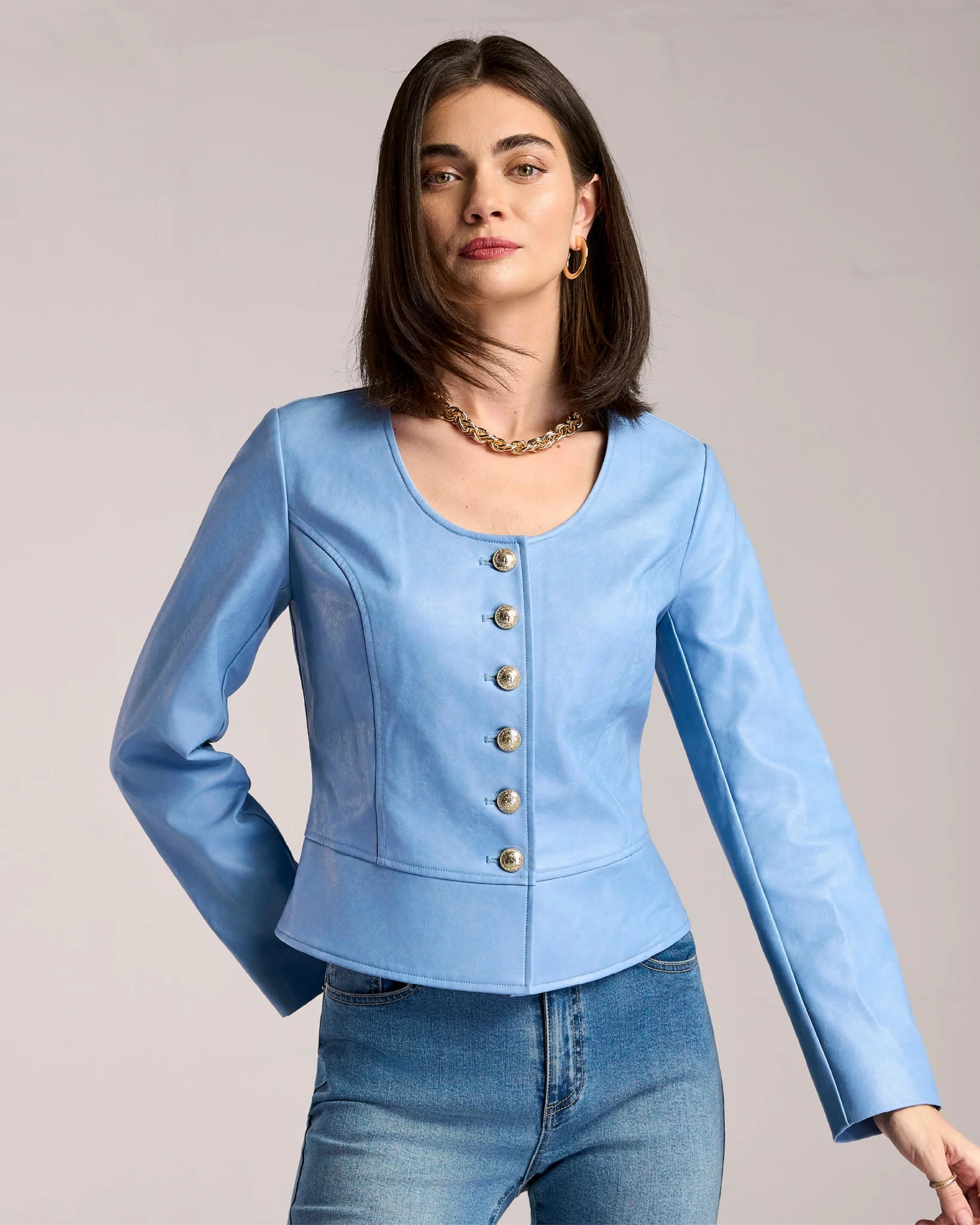 Scoop Neck Button Front Peplum Faux Leather Jacket - Allure | Boston Proper
