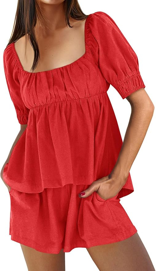 Tankaneo Womens 2 Piece Outfits Summer Square Neck Short Puff Sleeve Babydoll Tops and Shorts Mat... | Amazon (US)
