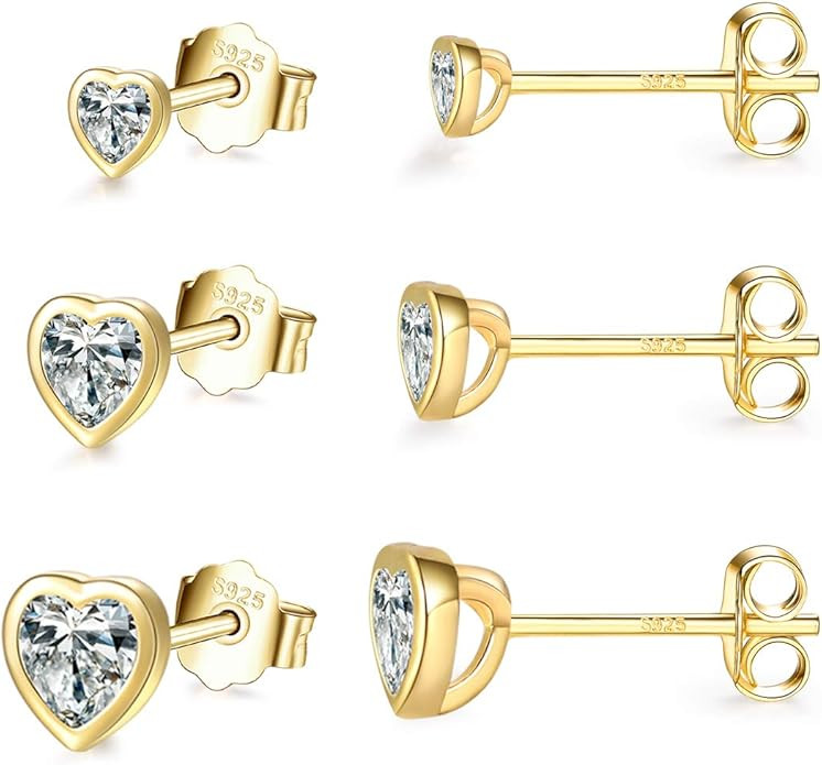 Sterling Silver Small Stud Earrings for Women Men, 3 Pairs of Tiny Heart Shaped Cubic Zirconia Ea... | Amazon (US)