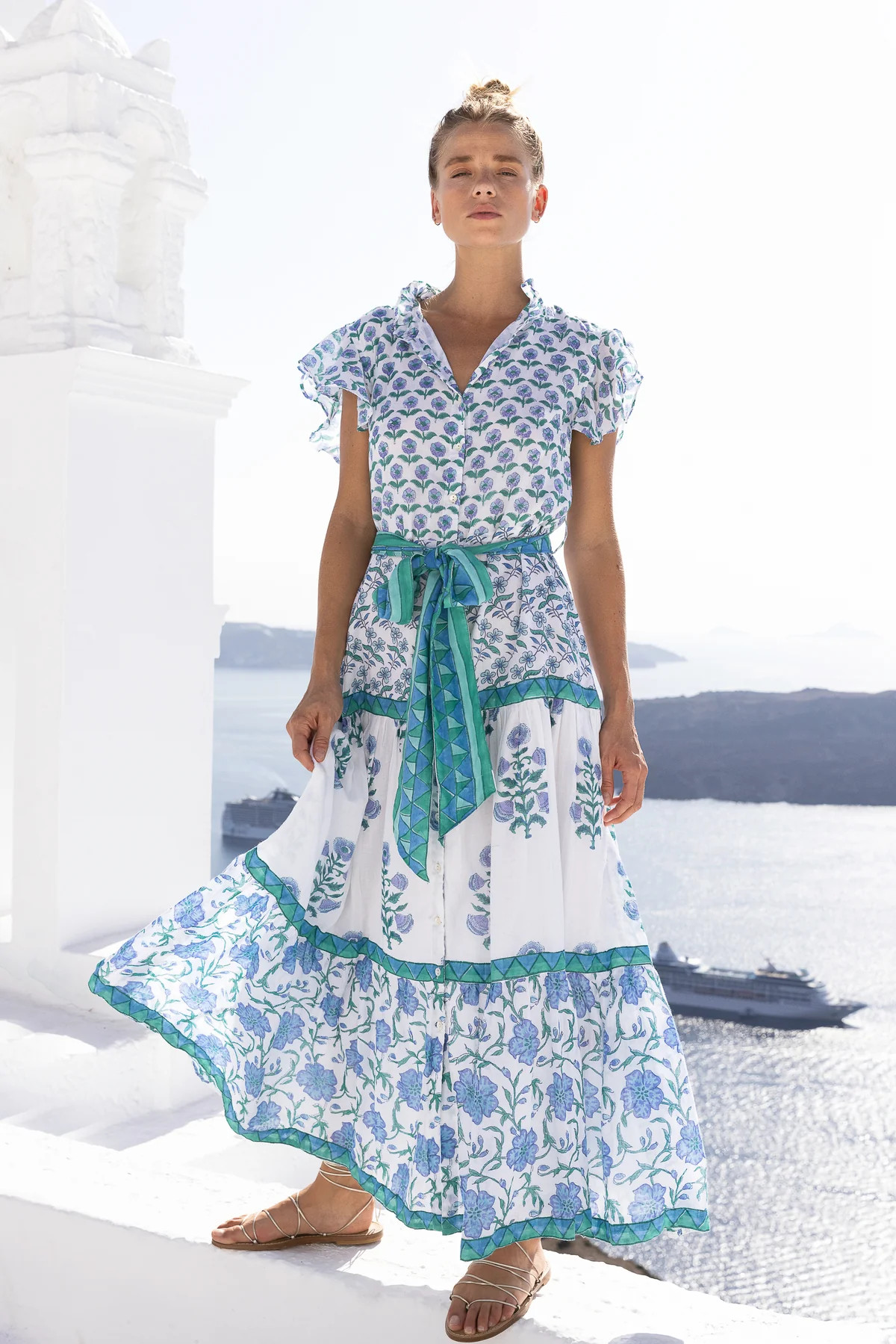 Ruffle Collar Button Maxi- Terra Blue | Oliphant Design