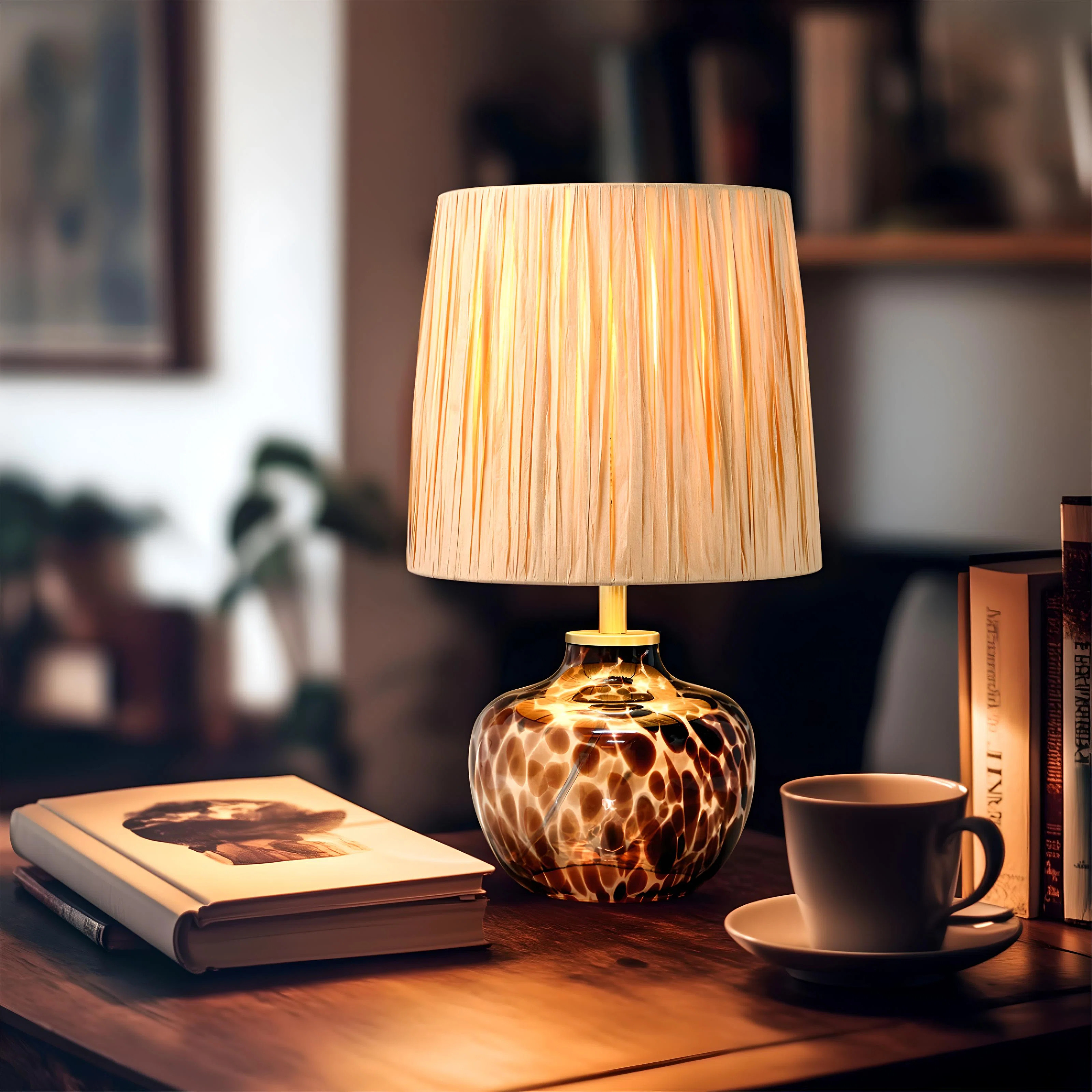 15’’ Handcrafted Leopard-Print Glass Table Lamp with Natural Raffia Shade | Wayfair North America