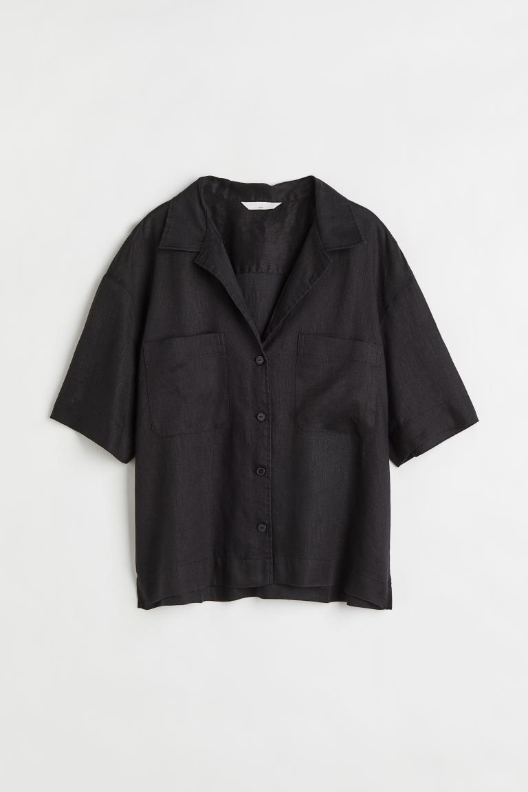 Relaxed-fit shirt in linen. Resort collar, buttons at front, and yoke at back. Heavily dropped sh... | H&M (US)