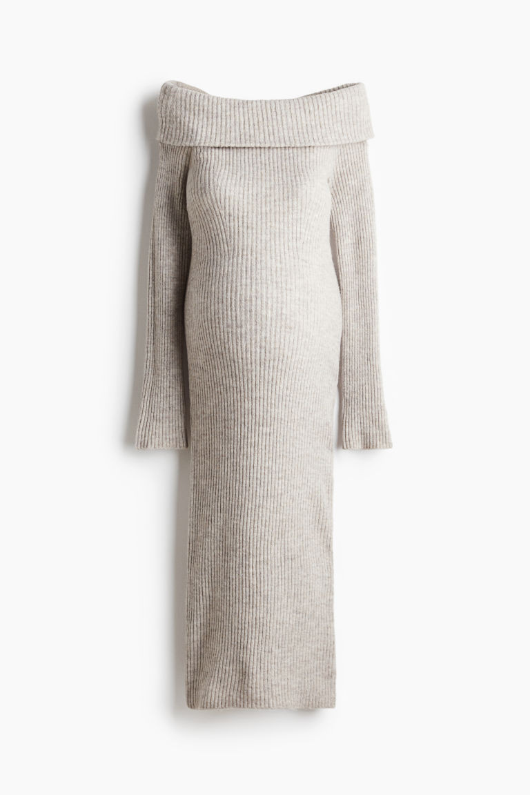 H & M - MAMA Rib-Knit Off-the-Shoulder Dress - Brown | H&M (US + CA)