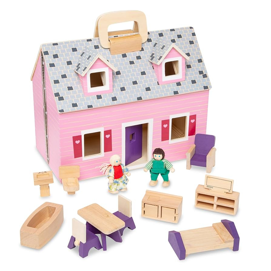 Melissa & Doug Fold and Go Wooden Dollhouse with 2 Dolls and Wooden Furniture,Multi,One Size | Amazon (US)