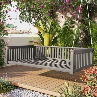 Patio Porch Swing, Loveseat Garden Swing Bed Wood Hanging Seat with Ropes, Gray -ModernLuxe | Target