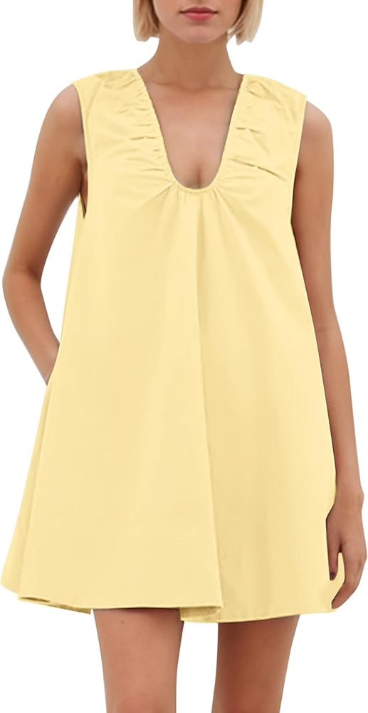 Women's Sleeveless Babydoll Tank Mini Dress Scoop Neck Ruched Bubble Dress with Pockets Short Sum... | Amazon (US)