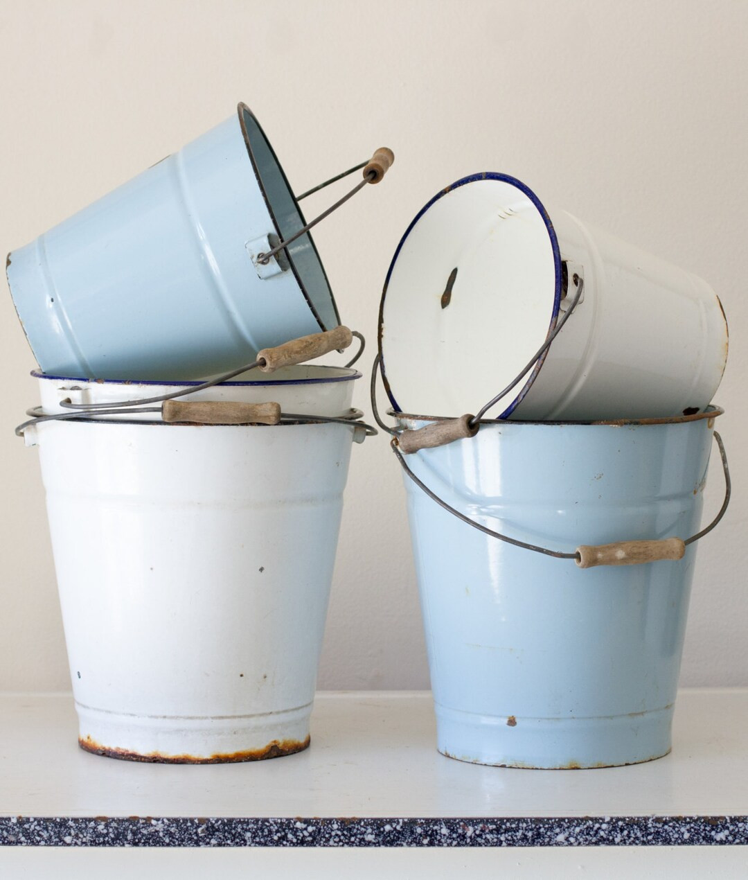 Vintage European White Enamel Pail with wooden Handle, White Enamel with Blue highlights | Etsy (US)