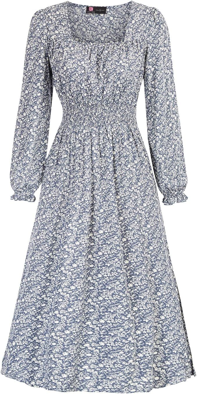 KANCY KOLE Women's Smocked Waist Dress Long Sleeve Ruffle Long Maxi Dress with Side Split S-XXL | Amazon (US)