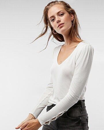 Ribbed Puff Shoulder Lace-up Top | Express