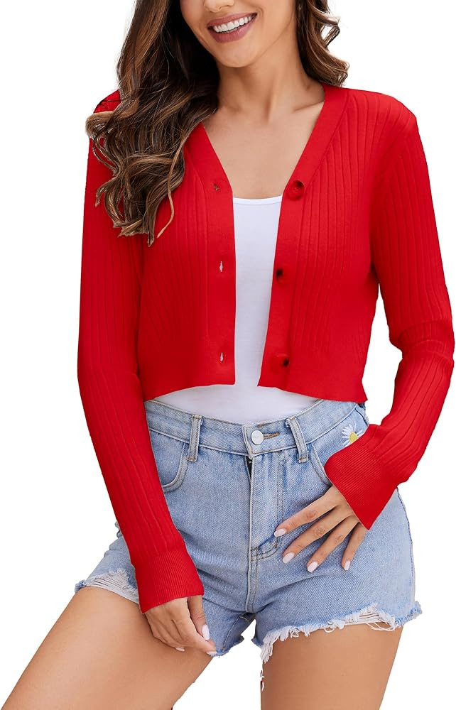 Women's Long Sleeve Cropped Cardigan Sweaters V Neck Solid Button Down Knit Bolero Shrugs | Amazon (US)