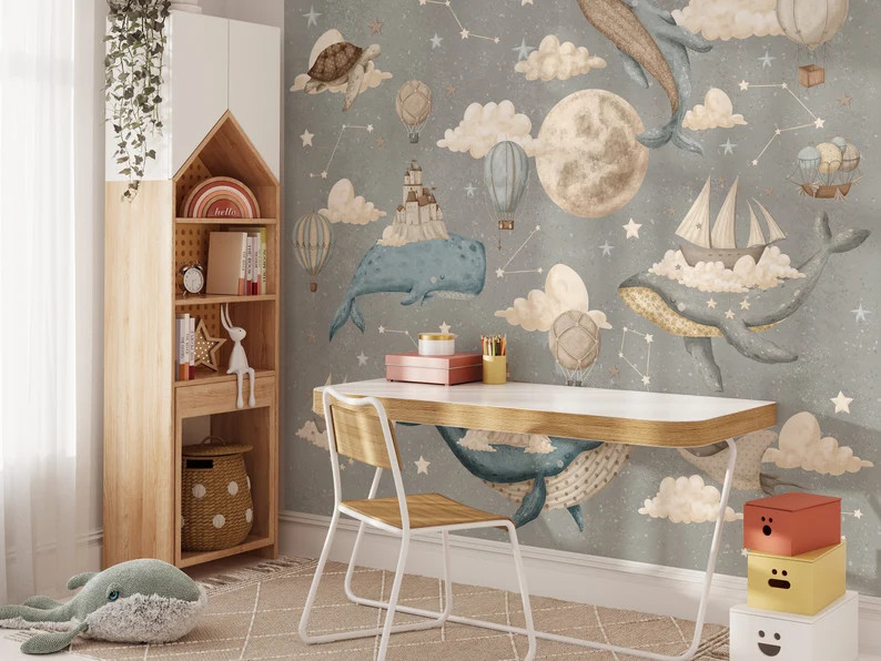 Whales and ships wallpaper, Nursery wall mural, Space and stars wall art | Etsy (CAD)