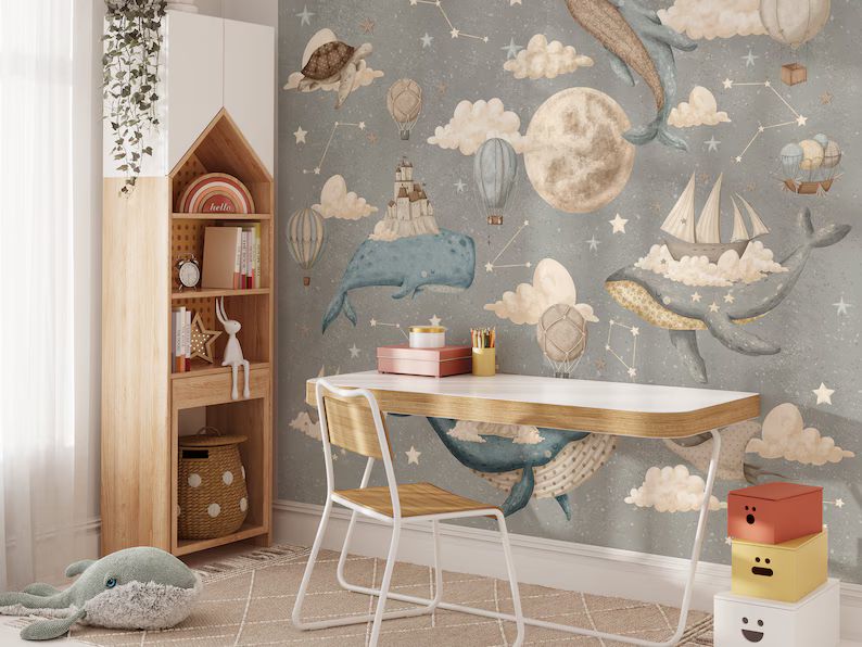 Whales and ships wallpaper, Nursery wall mural, Space and stars wall art | Etsy (CAD)